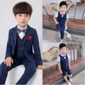 ❤️台灣現貨❤️男童装西服套装英倫修身格子禮服 男童西裝小西装韓版花童婚禮禮服 表演禮服畢業典禮兩件套