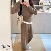 初色 簡約修身抽繩針織帽T上衣女上衣+純色直筒闊腿針織休閒褲寬褲長褲套裝-駝色-18228(F可選)