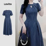 Lovito 優雅露背拉鍊春季夏季藏青色女裝洋裝 LK6LD389