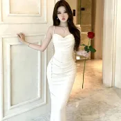 【高級感】晚宴禮服裙 女 修身 魚尾裙 夏季 新款 薄紗 吊帶 包臀 連衣裙 吊帶連身裙 連身裙 高級感洋裝 蕾絲連衣裙