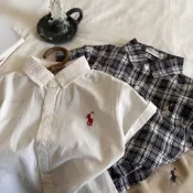 2024童襯衫夏季新品男女韓版刺繡襯衫短袖寶寶格子襯衣潮襯衫男童休閒百搭兒童短袖襯衫印花襯衫韓版兒童夏季渡假風襯衫上衣