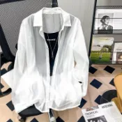 fq百搭冰絲防曬衣女夏季新款黑色雪紡防曬襯衫寬鬆薄款防曬衣女外穿 寬鬆防曬開衫外套  防曬外套大尺碼罩衫女空調衫729