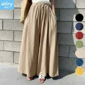 清涼夏日．多色寬鬆休閒百搭棉麻闊腿長褲 - shiny藍格子 【V3759】