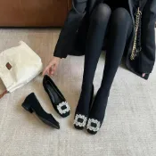 (店+)粗跟單鞋女單鞋女包鞋瑪莉珍鞋樂福鞋平底單鞋淺口單鞋芭蕾鞋娃娃鞋穆勒鞋懶人單鞋圓頭尖頭低跟中跟一腳蹬鏤空復古韓系防滑底黑色高跟鞋女春秋方頭水鉆女鞋淺口職業粗跟單鞋