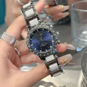 Mxxsee圓形日月星鑽女錶帶日曆鋼錶帶陶瓷手錶防水防汗