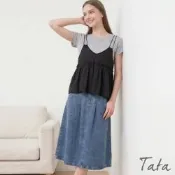 TATA 鬆緊腰A字大裙擺牛仔中長裙-S~XL
