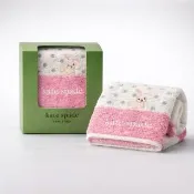 KATE SPADE NEW YORK 兔子刺繡點點手帕｜純棉毛巾方巾｜附包裝禮盒款 灰/粉色 25×25cm