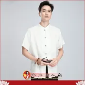 中國風男裝短袖唐裝上衣優質純色復古竹節麻包扣中式漢服男青年時尚必備襯衫｜詩句 米白色｜水水女人國