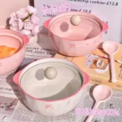 🔥在臺好物🔥高顏值少女心蝴蝶結陶瓷泡麪碗帶蓋學生宿舍方便麪碗螺螄粉碗勺筷