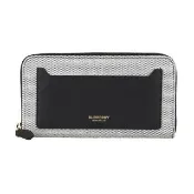 【BURBERRY 巴寶莉】BURBERRY 金字LOGO棉織布拼牛皮12卡全開拉鍊長夾(黑x黑)