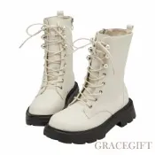 【Grace Gift】小貓聯名-名媛微光珍珠輕量厚底綁帶靴 米白