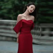 YLFF新娘婚禮晚禮服新娘敬酒酒酒酒紅色單肩緞面高級氣質魚尾ff364