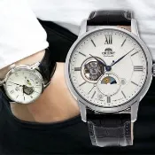 【ORIENT 東方錶】Sun & Moon 系列 小鏤空日月相機械錶-銀x黑/42mm 送禮 禮物 推薦(RA-AS0011S)