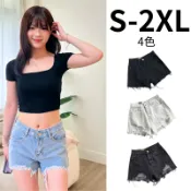 【S-2XL】中大尺碼 韓版高腰刷破牛仔短褲 女生短褲 牛仔短褲 短褲 牛仔褲 五分褲