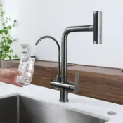 不二屋 2023新款三合一廚房水龍頭Ro抽拉式水龍頭三用水槽龍頭304不鏽鋼廚房水龍頭無鉛冷熱混合加濾水器水龍頭多功能簡易安裝