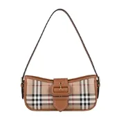 BURBERRY 巴寶莉  Sling燙金LOGO英倫風格紋設計PVC搭小牛皮釦式拉鍊肩背包(典藏米x石南棕)
