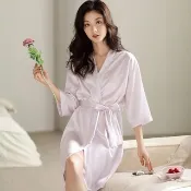 Pink Lady 綁帶式睡袍 輕柔絲緞 長袖/七分袖 連身睡衣 居家服