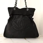 中古包 Chanel黑色銀扣拼皮流浪包 單肩包 側背包 水桶包 二手包
