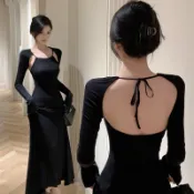 法式掛脖洋裝 女裝 春季設計感長裙 露背名媛辣妹收腰氣質a字裙子 辣妹裝 洋裝 氣質裙裝  禮服 連衣裙 長裙