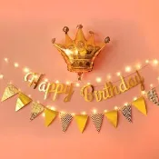 高貴燙金金色生日快樂掛旗套組1組(生日氣球 生日佈置 生日派對 派對氣球 氣球 鋁模氣球)