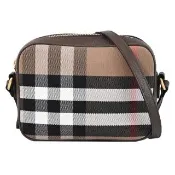 【BURBERRY 巴寶莉】英系經典格紋帆布拼接方包斜背包(深棕 19cm)