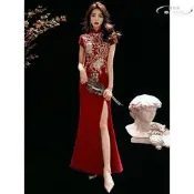 【現貨免運】旗袍敬酒服新娘2025新款酒紅色魚尾長款中國風結婚禮服女平時可穿   購物市