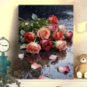 新款台灣現貨-雨天玫瑰1-30*40CM-DIY數字油畫手工填色輕奢復古油彩畫 美術兒童填色畫 美勞繪畫 裝飾畫
