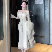 氣質辣妹一字肩長袖修身顯瘦連衣裙新款包臀魚尾裙女禮服長裙