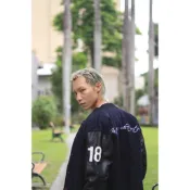 古著美式經典絨布皮袖寬鬆棒球外套