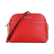 【Michael Kors】MICHAEL KORS Jet Set Travel圓頂造型十字紋防刮皮革拉鍊斜背包(中/火焰紅)