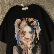 💖免運💖100%純棉 M-5XL大碼純棉情侶款短袖T恤美式小丑女面具印花短袖t恤男女生2024百搭高街復古情侶上衣夏