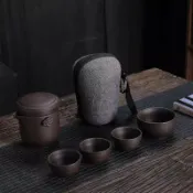 全球選品1館 生活百貨 紫砂旅行功夫茶具一壺四杯快客杯茶具套裝可攜式泡茶戶外車用配件包