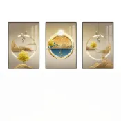 (店+)【佳美多】特價現貨清倉 微瑕 背景墻裝飾三聯畫60*80cm 鋼化晶瓷面高清掛畫 鋁合金畫框壁畫 裝飾畫 沙發背景牆掛畫 吉祥掛畫