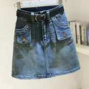 愛依依 短裙 A字裙 牛仔裙 包臀裙 中大尺碼 S-3XL新款辣妹牛仔半身裙韓版高腰彈性顯瘦短裙小個子-5302.