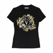 【VERSACE 凡賽斯】VERSACE JEANS COUTURE 內布標白字LOGO棉質混紡亮片藝術花紋搭圓圈修身短袖T恤(女款/黑)