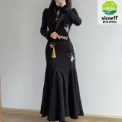 新竹好物社 【金蝶玲瓏】新中式連衣裙 旗袍裙 魚尾裙 秋冬連衣裙 國風連衣裙 加絨保暖 黑色修身 氣質名媛 秋冬內搭 年會禮服
