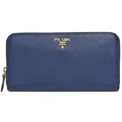 【二手品】PRADA SAFFIANO 立體品牌金色LOGO防刮皮革拉鍊長夾(深藍色/1ML506/九成新)