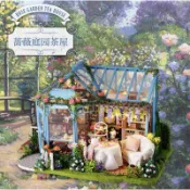 【台灣現貨速發】DIY小屋 薔薇庭園茶屋 含防塵罩 英式復古風格 透明花房設計 下午茶主題 袖珍屋材料包 生日禮物