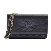 【CHANEL 香奈兒】經典雙C LOGO漆皮金銀鍊翻蓋暗扣WOC/斜背包(黑色84451-BLK-GP)