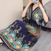 民族風洋裝 波西米亞洋裝 渡假風女裝 沙灘裝 大尺碼洋裝 連衣長裙 棉綢連衣裙沙灘民族大碼碎花印花海邊度假仙女裙子長裙