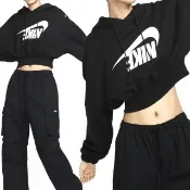 【NIKE 耐吉】OS FLC Crop PO HDY DA 女款 黑色 落肩 寬鬆 倒鉤 短版 長袖 FV7778-010