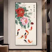 花開富貴牡丹花九魚圖 玄關十字繡 豎版滿繡 手工DIY刺繡材料包 家居裝飾掛畫