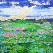 荷花畫睡蓮花卉原創藝術 Kuwshinka 花卉藝術品池塘