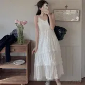 【度假必備】韓系吊帶連身裙 韓國白色蕾絲吊帶連衣裙女A字疊穿沙灘裙度假風蛋糕長裙 吊帶洋裝 透氣 0824A