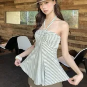 韓系條紋掛脖抹胸上衣 杏色荷葉邊修身上衣 度假海邊穿搭