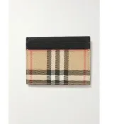 【BURBERRY 巴寶莉】經典格紋Vintage 拼皮革卡片夾名片夾(卡其/黑   信用卡夾)