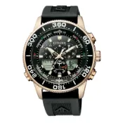 CITIZEN 星辰錶 (JR4063-12E) PROMASTER 雙顯萬年曆光動能潛水腕錶-玫瑰金x膠帶/44mm