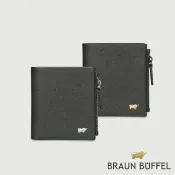 【BRAUN BUFFEL 德國小金牛】尚恩A 6卡直立拉鍊零錢袋短夾-黑色(BF354-325-BK) 錢包送禮推薦