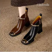 Cinderella 真皮方頭馬丁英倫靴女秋冬季時尚短靴女百搭氣質短筒靴子 马丁鞋女 裸靴 时尚靴女 中筒靴 单靴