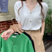  胖胖美依 短袖上衣 罩衫 小外套 V領上衣 小香風上衣冰絲針織開衫上衣女泡泡袖顯瘦寬鬆冰爽絲.3393